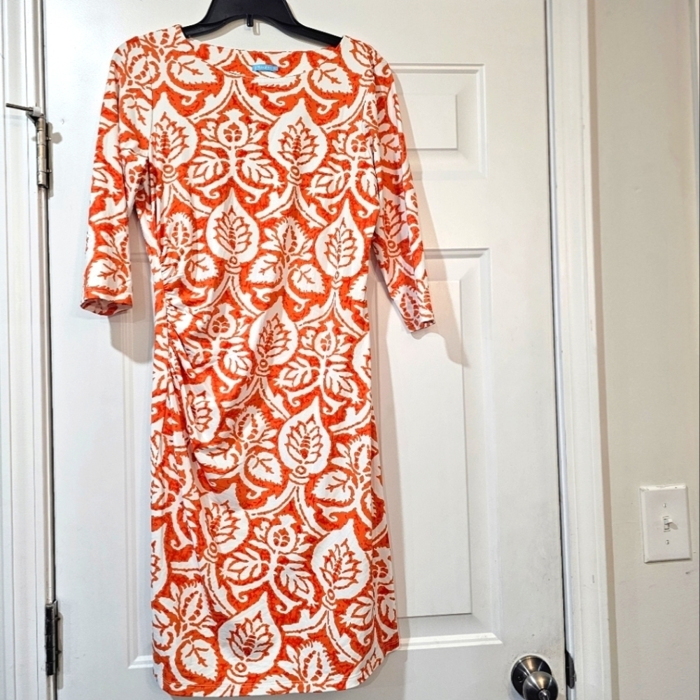 J Mclaughlin White And Orange Abstract Leef Nylon Sheath Dress Size Medium